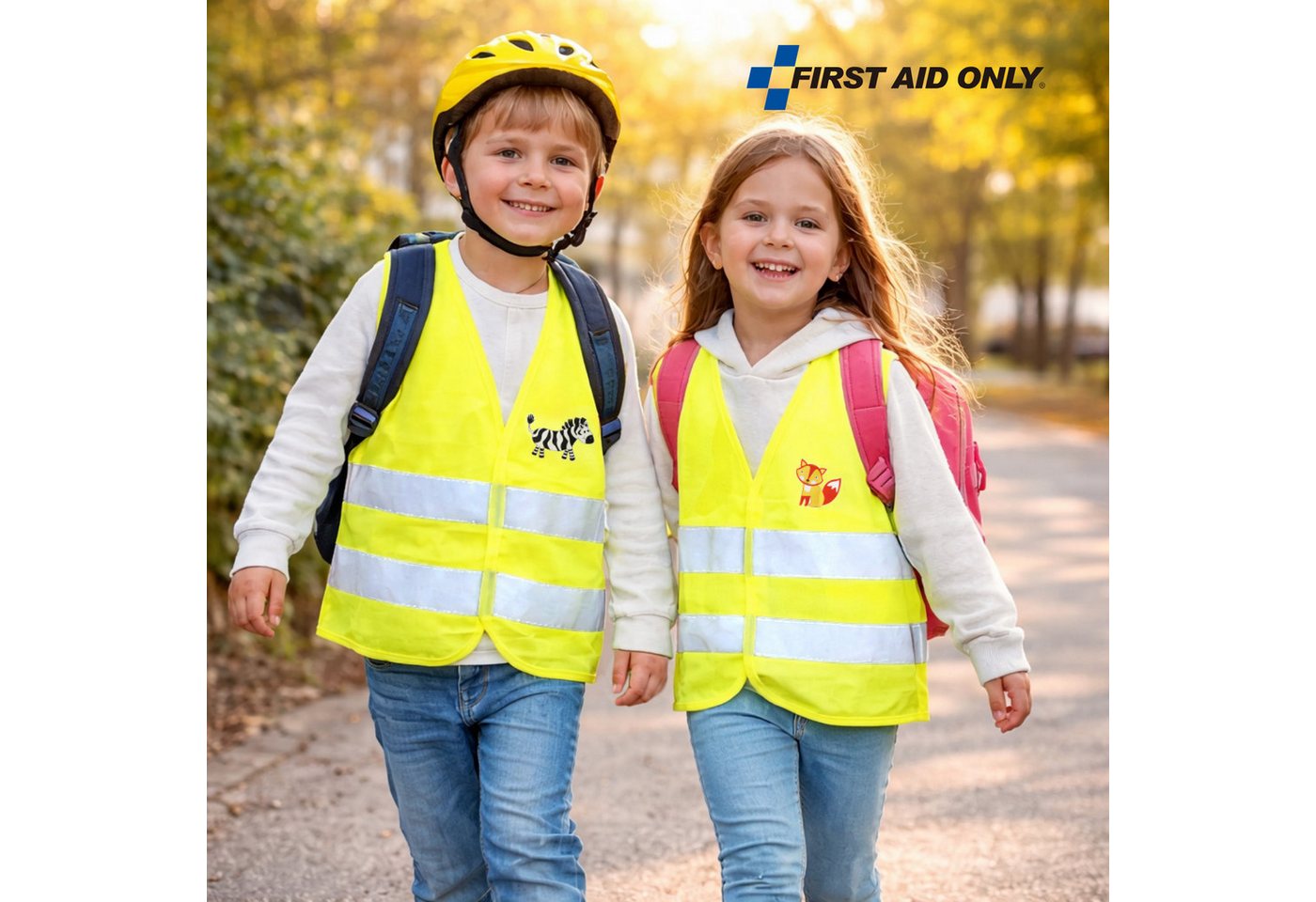 FIRST AID ONLY® Warnweste Kinder Warnweste Duo Set Fuchs & Zebra Sicherheitsweste 3-8 Jahre (2-tlg) Gemäß EN 17353:2020 – Bild 5 von 5
