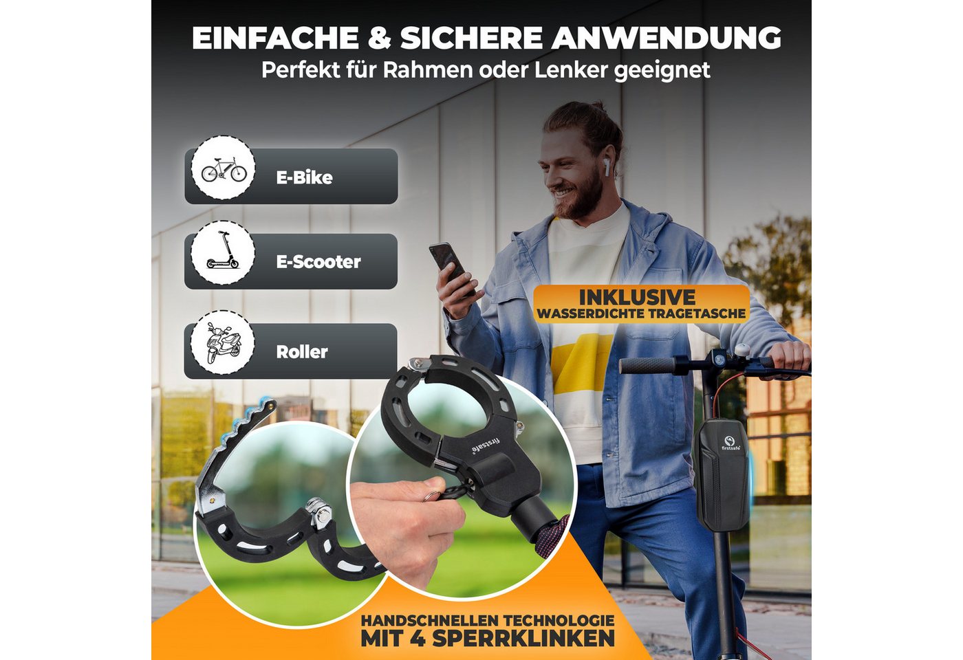 firstsafe Kettenschloss Handschellenschloss für E Scooter Schloss mit Tasche – Bild 3 von 5