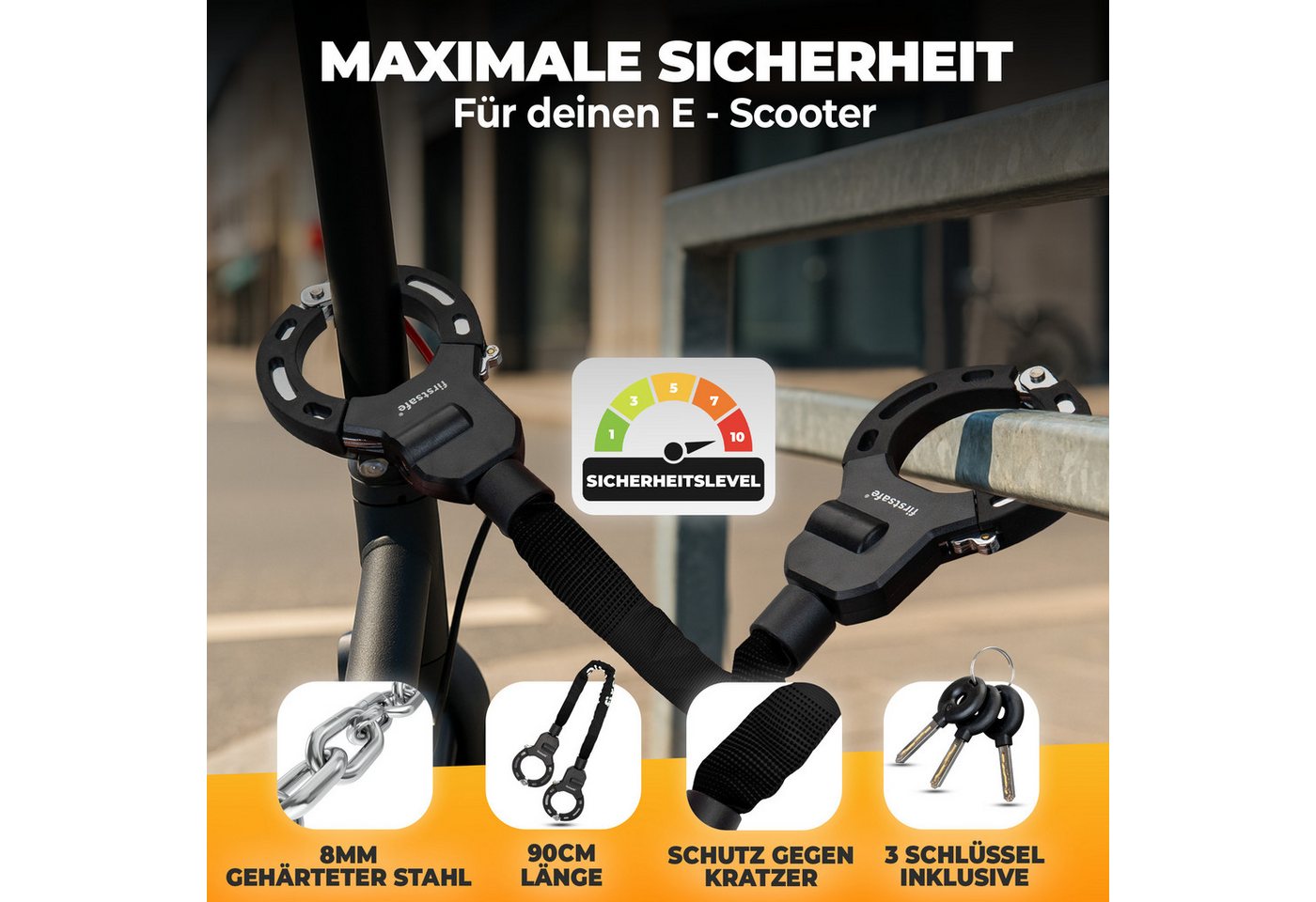 firstsafe Kettenschloss Handschellenschloss für E Scooter Schloss mit Tasche – Bild 4 von 5