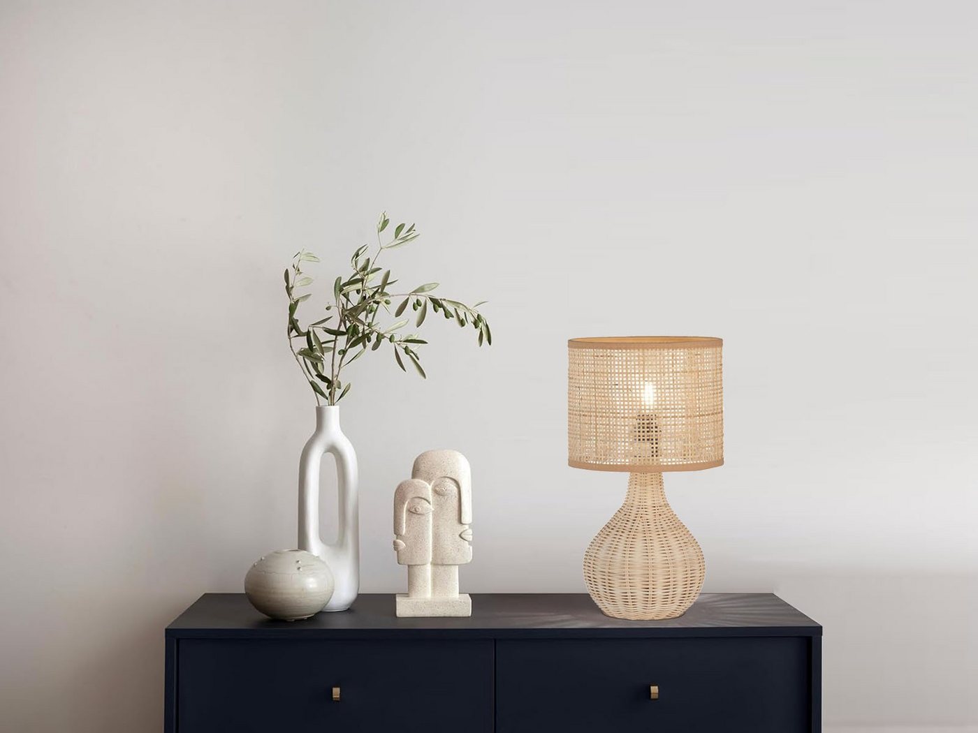 FISCHER & HONSEL LED Nachttischlampe, LED wechselbar, Warmweiß, Holzfuß & Designer Lampenschirm Korb-Geflecht Landhaus-Stil, Höhe 37cm – Bild 5 von 5
