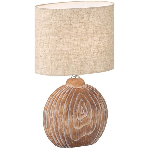 FISCHER & HONSEL LED Nachttischlampe, LED wechselbar, Warmweiß, Lampen-Fuß Keramik Holz-Optik, Lampenschirm Leinen oval, 39cm klein