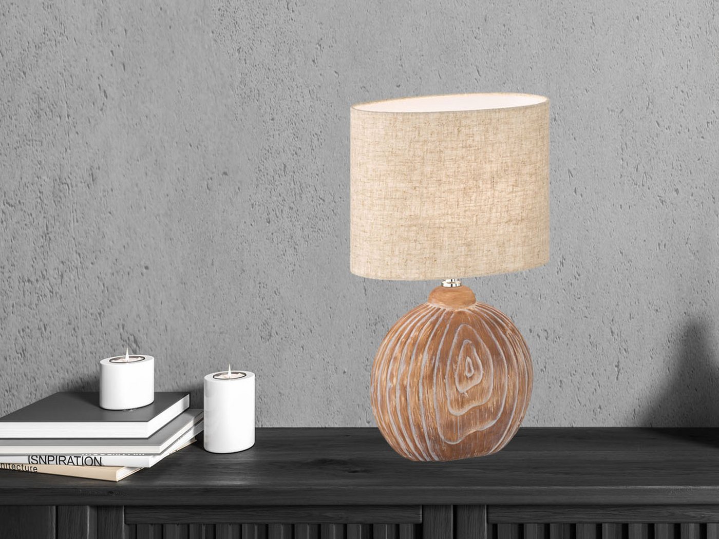 FISCHER & HONSEL LED Nachttischlampe, LED wechselbar, Warmweiß, Lampen-Fuß Keramik Holz-Optik, Lampenschirm Leinen oval, 39cm klein – Bild 2 von 4