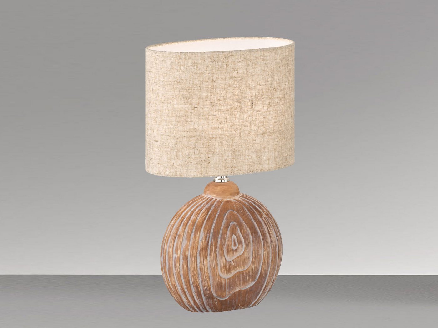 FISCHER & HONSEL LED Nachttischlampe, LED wechselbar, Warmweiß, Lampen-Fuß Keramik Holz-Optik, Lampenschirm Leinen oval, 39cm klein – Bild 3 von 4