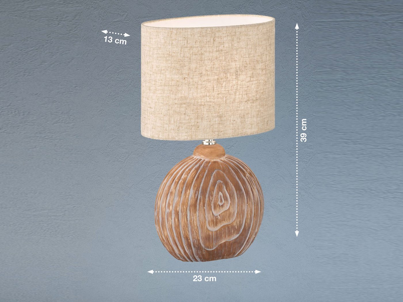FISCHER & HONSEL LED Nachttischlampe, LED wechselbar, Warmweiß, Lampen-Fuß Keramik Holz-Optik, Lampenschirm Leinen oval, 39cm klein – Bild 4 von 4