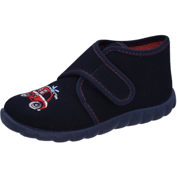 Fischer-Markenschuh Flexi Hausschuh mit Feuerwehrauto, aus Baumwollstoff mit Frotteefutter