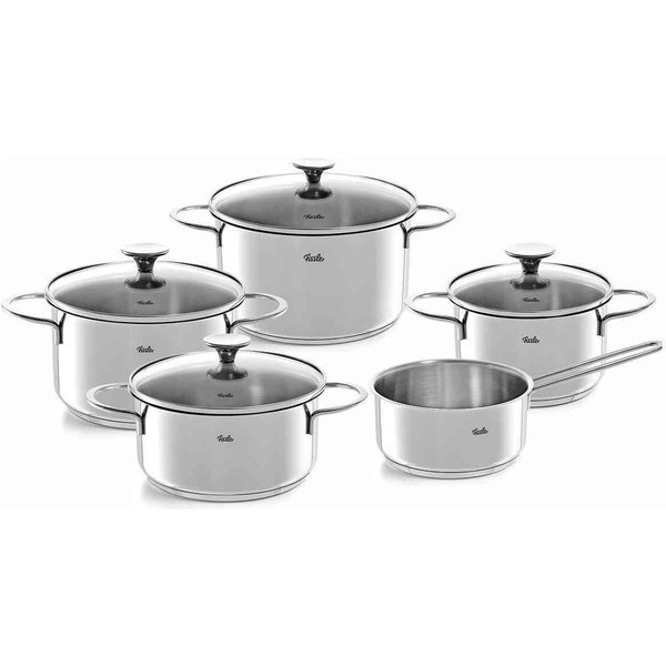 Fissler Topf-Set Copenhagen, Edelstahl 18/10 (Set, 9-tlg., Bratentopf 20 cm, je 1 Kochtopf 16/20/24 cm, Stielkasserolle 16 cm), Töpfe mit Glasdeckel, Mess-Skala