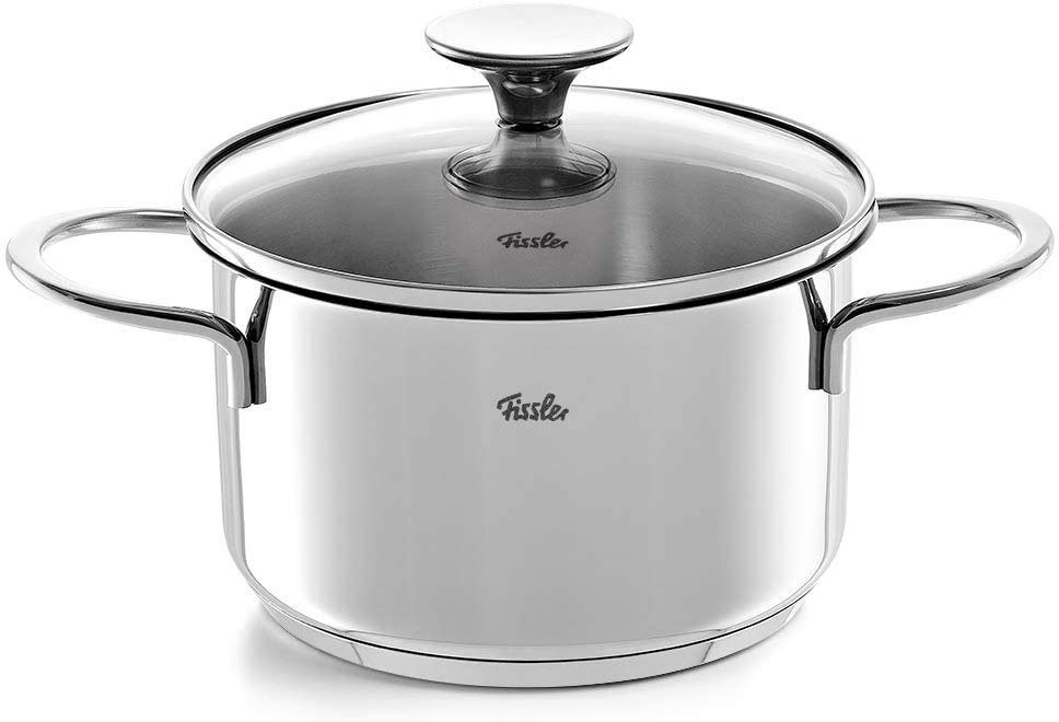 Fissler Topf-Set Copenhagen, Edelstahl 18/10 (Set, 9-tlg., Bratentopf 20 cm, je 1 Kochtopf 16/20/24 cm, Stielkasserolle 16 cm), Töpfe mit Glasdeckel, Mess-Skala – Bild 4 von 5