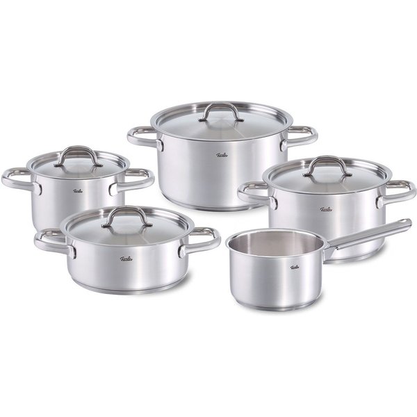 Fissler Topf-Set Family Line, Edelstahl 18/10 (Set, 9-tlg., 1 Bratentopf 20 cm, je 1 Kochtopf 16/20/24 cm, 1 Stielkasserolle 16cm), extra breiter Schüttrand
