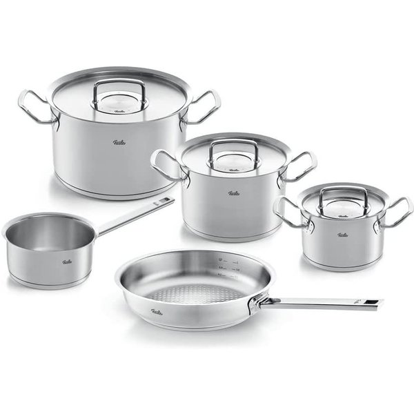 Fissler Topf-Set ORIGINAL-PROFI COLLECTION® Edelstahl-Topfset, Edelstahl 18/10 (8-tlg., je 1 Kochtopf 16/20/24 cm, Stielkasserolle 16 cm, Pfanne 24 cm), mit bre