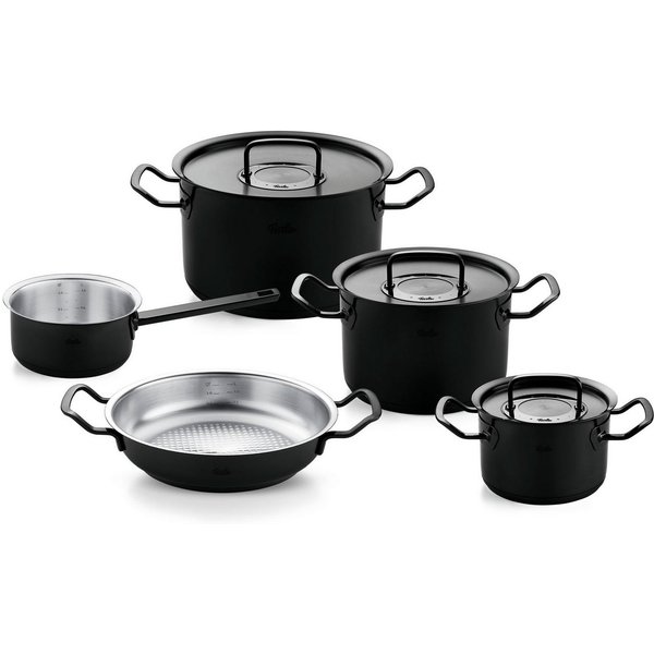 Fissler Topf-Set Original-Profi Collection ShadowLine, Edelstahl 18/10 (Set, 8-tlg., 3 Kochtöpfe mit Metalldeckel, 1 Servierpfanne, 1 Stielkasserolle), Auf 1.80