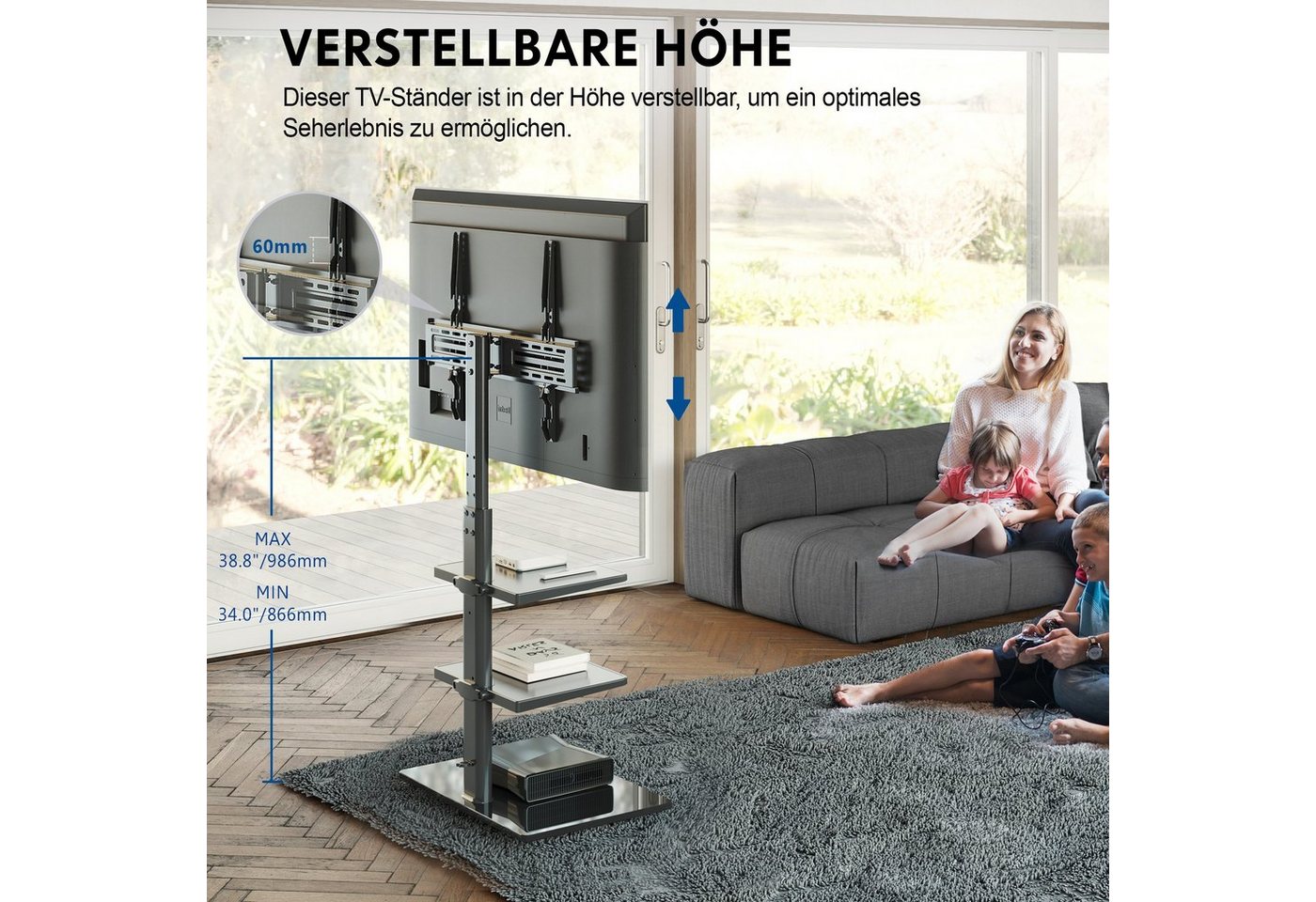 FITUEYES TV-Ständer mit 2 Ablagen, höhenverstellbar, ±35° schwenkbar, 32-60 Zoll, (bis 60,00 Zoll, verstellbare Ablagen, aus gehärtetem Glas) – Bild 3 von 5