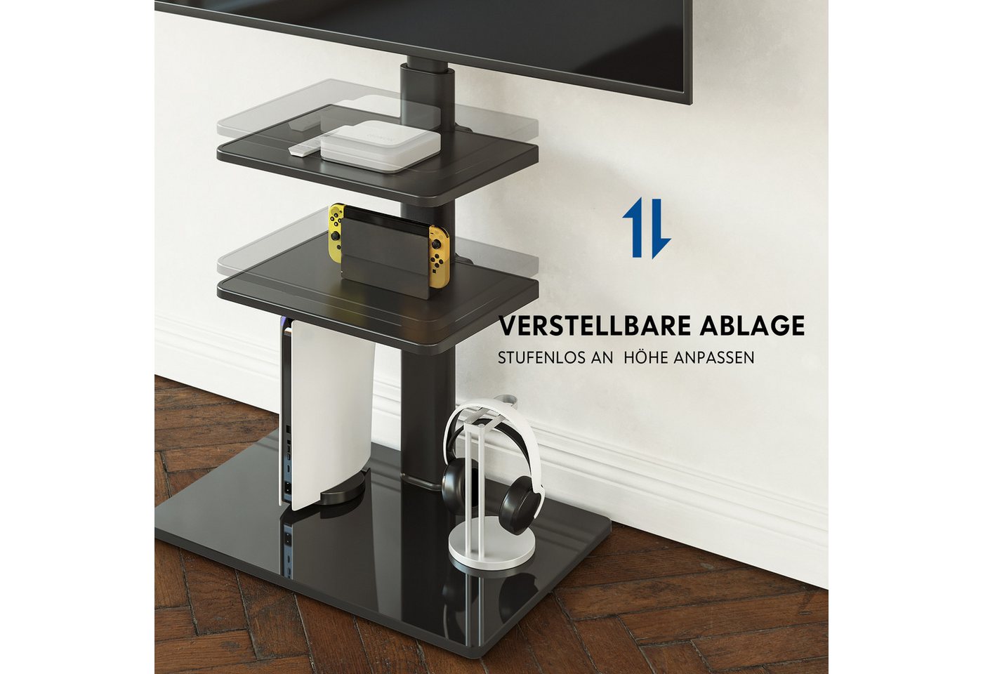 FITUEYES TV-Ständer mit 2 Ablagen, höhenverstellbar, ±35° schwenkbar, 32-60 Zoll, (bis 60,00 Zoll, verstellbare Ablagen, aus gehärtetem Glas) – Bild 4 von 5