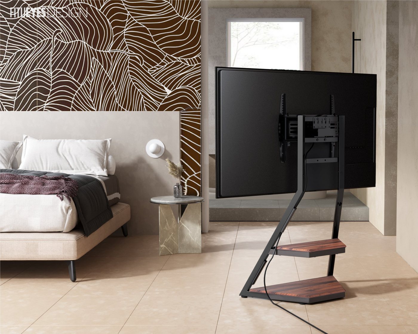FITUEYES TV-Ständer mit Ablagen, höhenverstellbar, ±15° schwenkbar, 32-65 Zoll, (bis 65,00 Zoll, 5° bis -15° neigbar, für Rollen nachrüstbar) – Bild 2 von 5