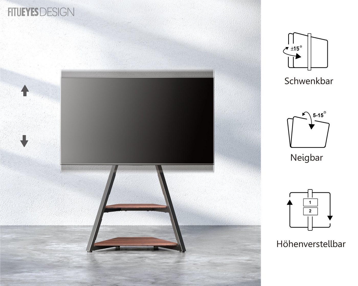 FITUEYES TV-Ständer mit Ablagen, höhenverstellbar, ±15° schwenkbar, 32-65 Zoll, (bis 65,00 Zoll, 5° bis -15° neigbar, für Rollen nachrüstbar) – Bild 3 von 5