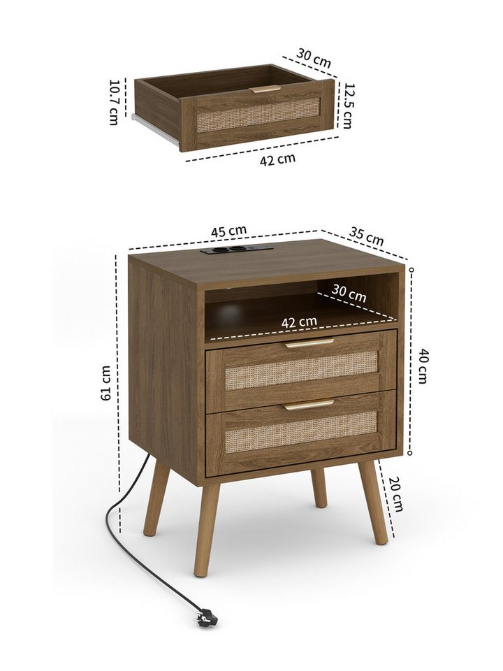 FiveWillowise Nachttisch 2er Set, Rattan Nachttisch mit LED-Leuchten und Steckdosen (2-St), Nachtschrank mit Offenem Raum und 2 Rattanflechtung Schubladen – Bild 2 von 5