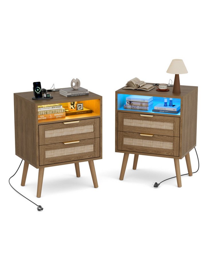 FiveWillowise Nachttisch 2er Set, Rattan Nachttisch mit LED-Leuchten und Steckdosen (2-St), Nachtschrank mit Offenem Raum und 2 Rattanflechtung Schubladen – Bild 3 von 5