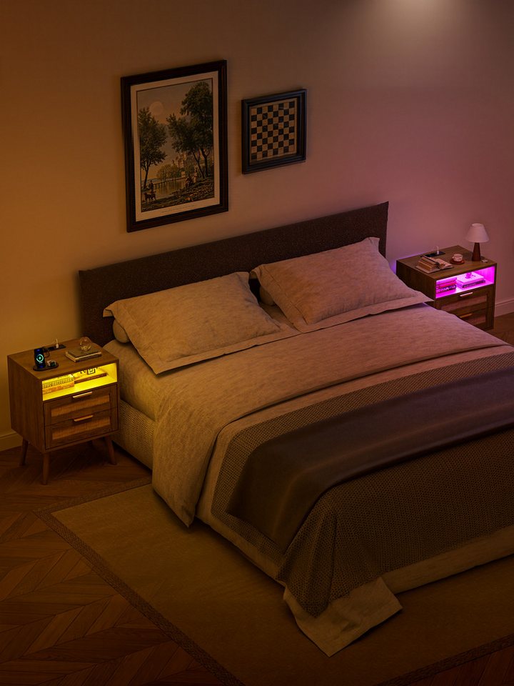 FiveWillowise Nachttisch 2er Set, Rattan Nachttisch mit LED-Leuchten und Steckdosen (2-St), Nachtschrank mit Offenem Raum und 2 Rattanflechtung Schubladen – Bild 4 von 5