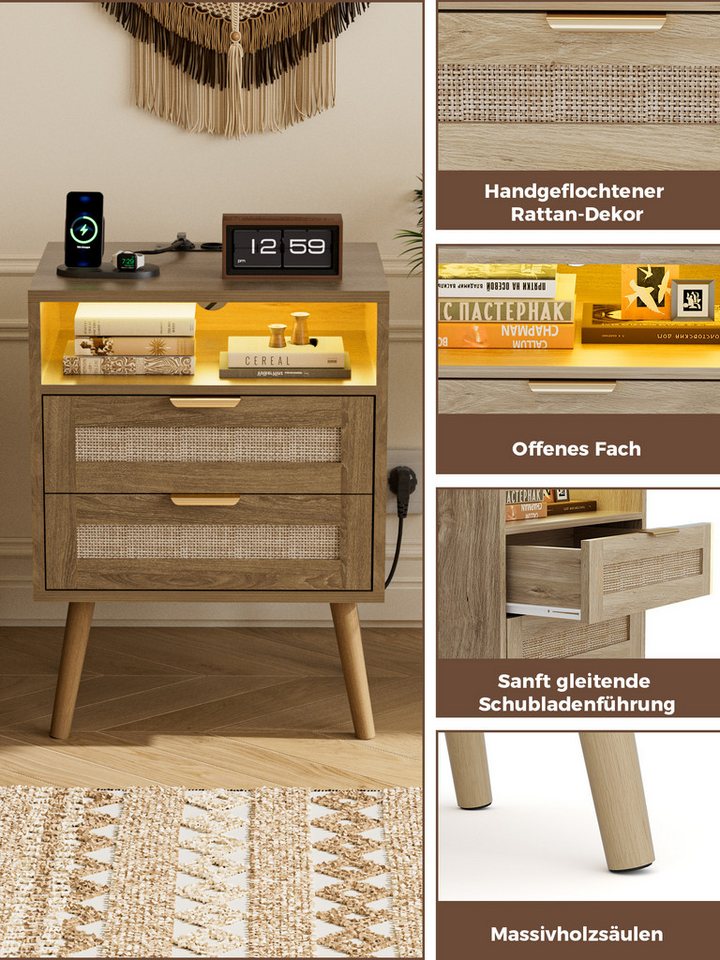 FiveWillowise Nachttisch 2er Set, Rattan Nachttisch mit LED-Leuchten und Steckdosen (2-St), Nachtschrank mit Offenem Raum und 2 Rattanflechtung Schubladen – Bild 5 von 5