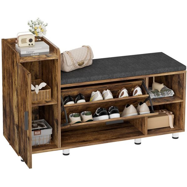 FiveWillowise Schuhschrank mit Sitzfläche & Stauraum, 105×34×67 cm, 3 Klappen & 8 Metallfüßen Braun, Schuhbank mit Sitzfläche für Flur & Eingang