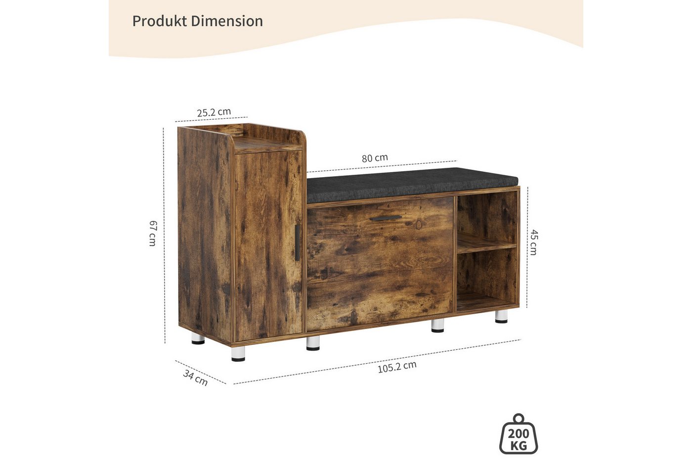 FiveWillowise Schuhschrank mit Sitzfläche & Stauraum, 105×34×67 cm, 3 Klappen & 8 Metallfüßen Braun, Schuhbank mit Sitzfläche für Flur & Eingang – Bild 2 von 5