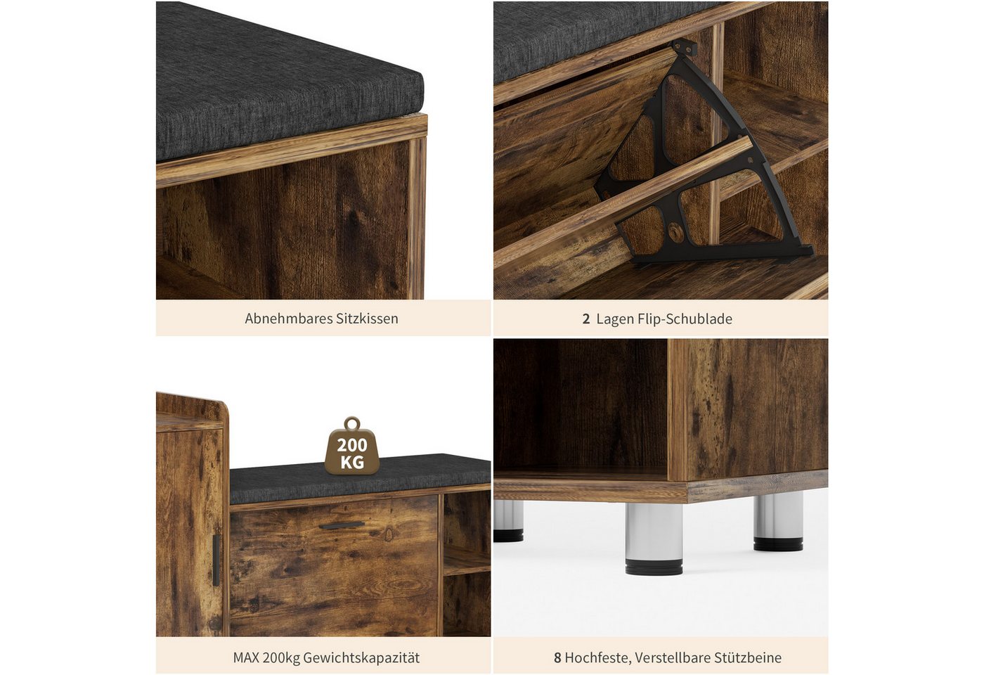 FiveWillowise Schuhschrank mit Sitzfläche & Stauraum, 105×34×67 cm, 3 Klappen & 8 Metallfüßen Braun, Schuhbank mit Sitzfläche für Flur & Eingang – Bild 3 von 5