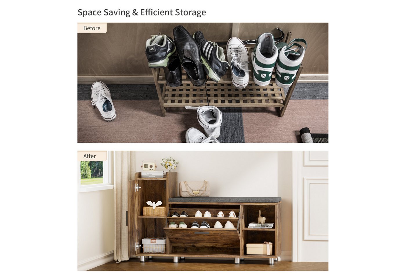 FiveWillowise Schuhschrank mit Sitzfläche & Stauraum, 105×34×67 cm, 3 Klappen & 8 Metallfüßen Braun, Schuhbank mit Sitzfläche für Flur & Eingang – Bild 4 von 5