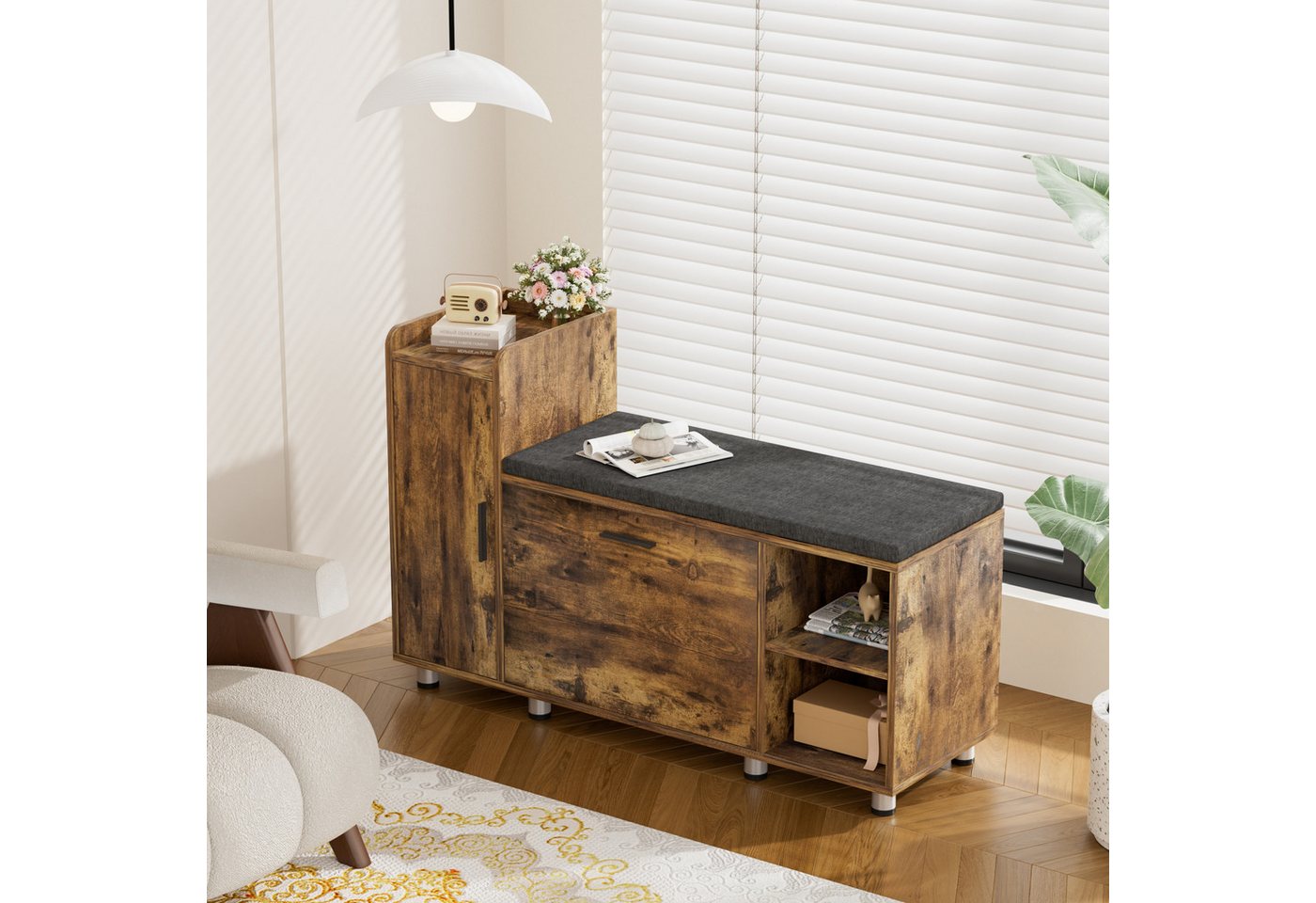 FiveWillowise Schuhschrank mit Sitzfläche & Stauraum, 105×34×67 cm, 3 Klappen & 8 Metallfüßen Braun, Schuhbank mit Sitzfläche für Flur & Eingang – Bild 5 von 5