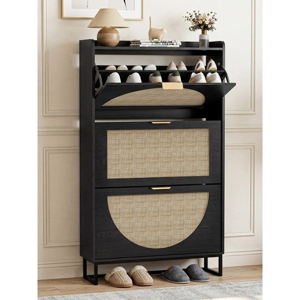 FiveWillowise Schuhschrank Schuhschrank Schmal, Schuhkipper mit Verstellbar, Holz Schuhregal mit 3 Klappen, 80x24x135.5 cm, Schwarz