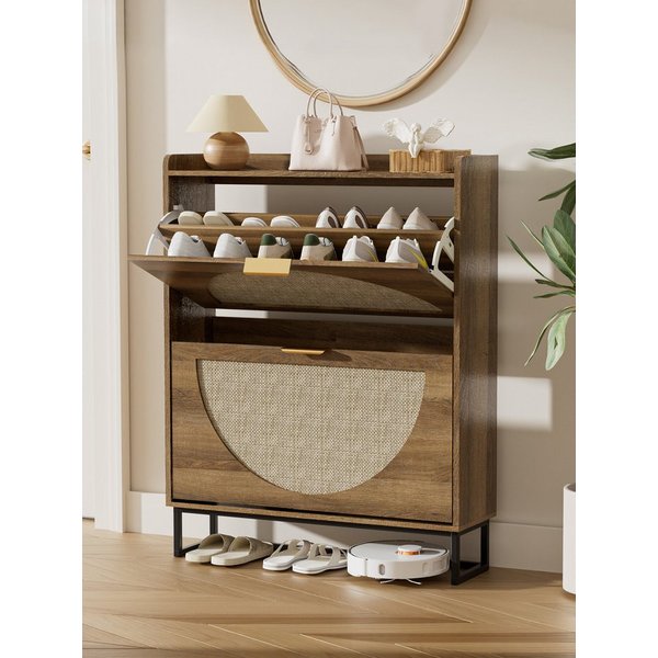 FiveWillowise Schuhschrank Schmal, Schuhaufbewahrung, Schuhablage & Schuhkommode (1-St) Rattan Schuhregal mit 2 Klappen, 80x24x101 cm