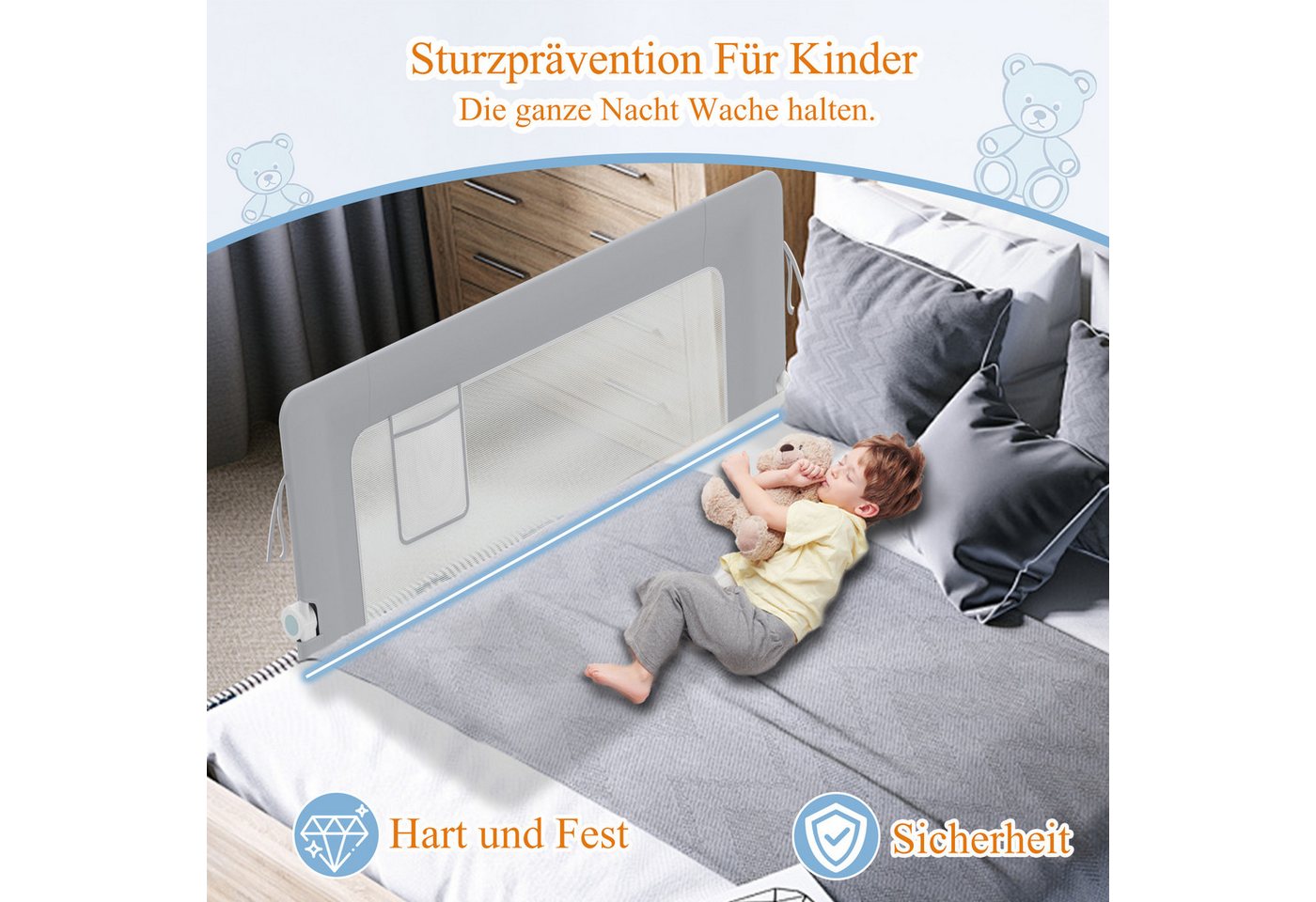 FIVMEN Bettschutzgitter Rausfallschutz Bettgitter Zusammenklappbar Bettschutzgitter, 180 Grad Babybett Höhenverstellbar Schutzgitter Bett – Bild 3 von 5