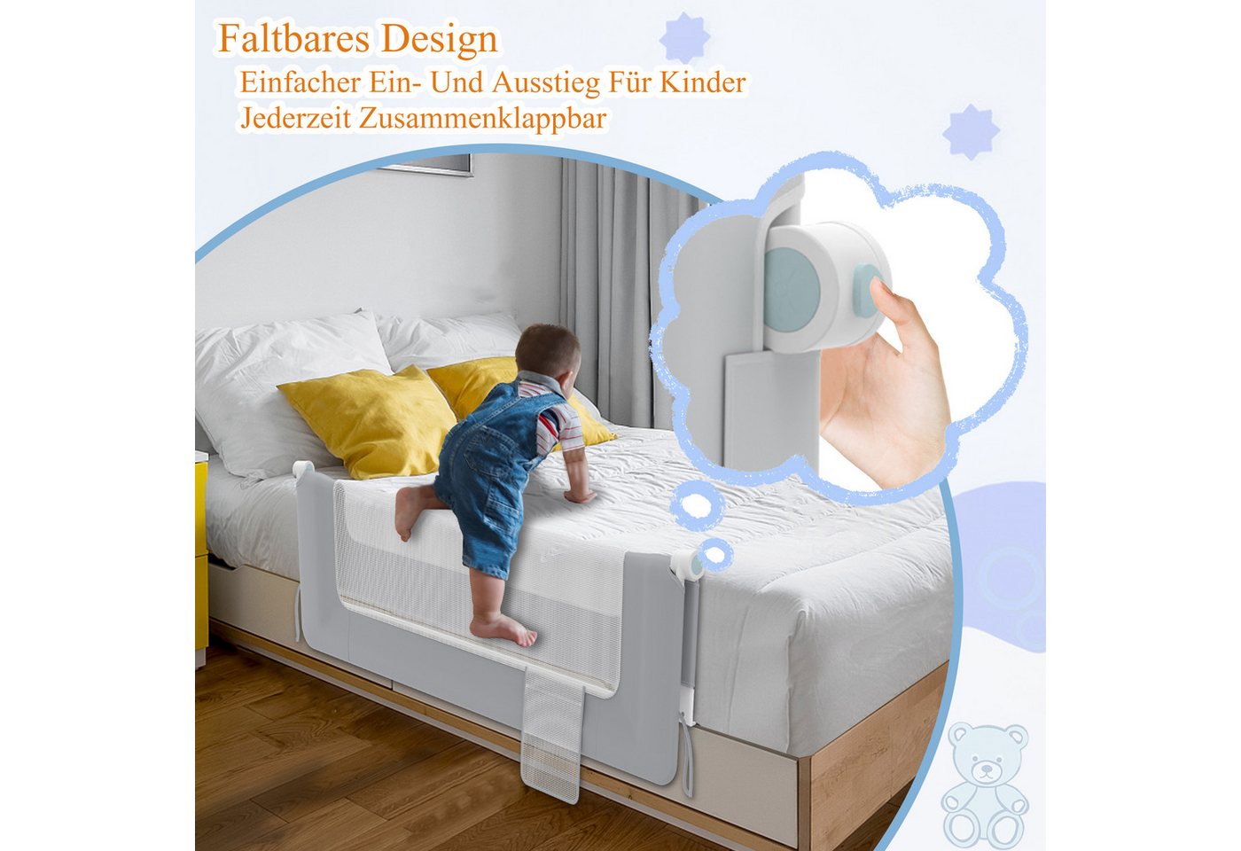 FIVMEN Bettschutzgitter Rausfallschutz Bettgitter Zusammenklappbar Bettschutzgitter, 180 Grad Babybett Höhenverstellbar Schutzgitter Bett – Bild 4 von 5