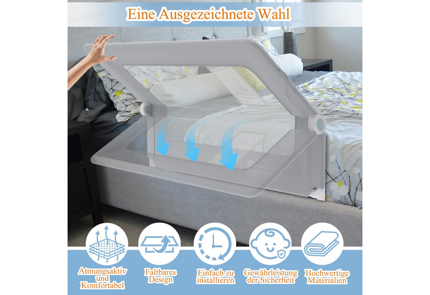 FIVMEN Bettschutzgitter Rausfallschutz Bettgitter Zusammenklappbar Bettschutzgitter, 180 Grad Babybett Höhenverstellbar Schutzgitter Bett – Bild 5 von 5