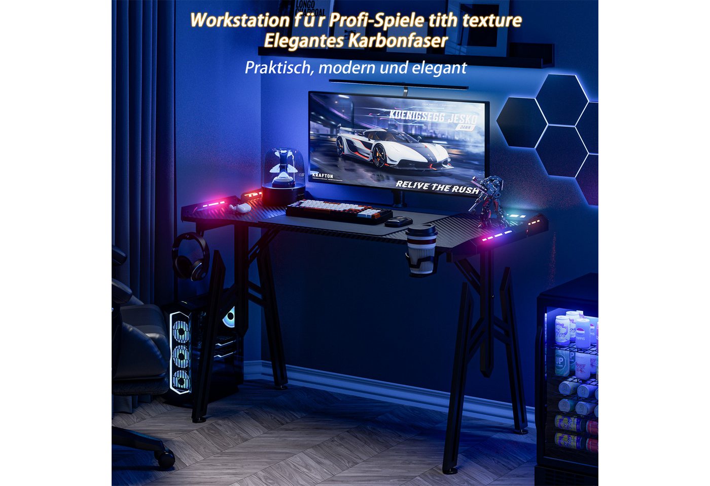 FIVMEN Computertisch Gaming Schreibtisch mit LED M-Frame Computer Tisch Gamingtisch – Bild 3 von 5