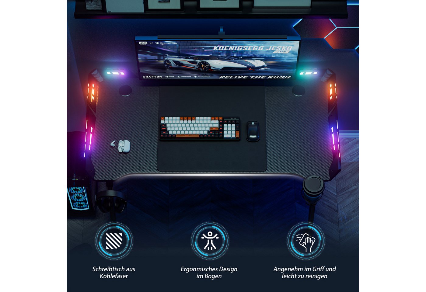 FIVMEN Computertisch Gaming Schreibtisch mit LED M-Frame Computer Tisch Gamingtisch – Bild 4 von 5