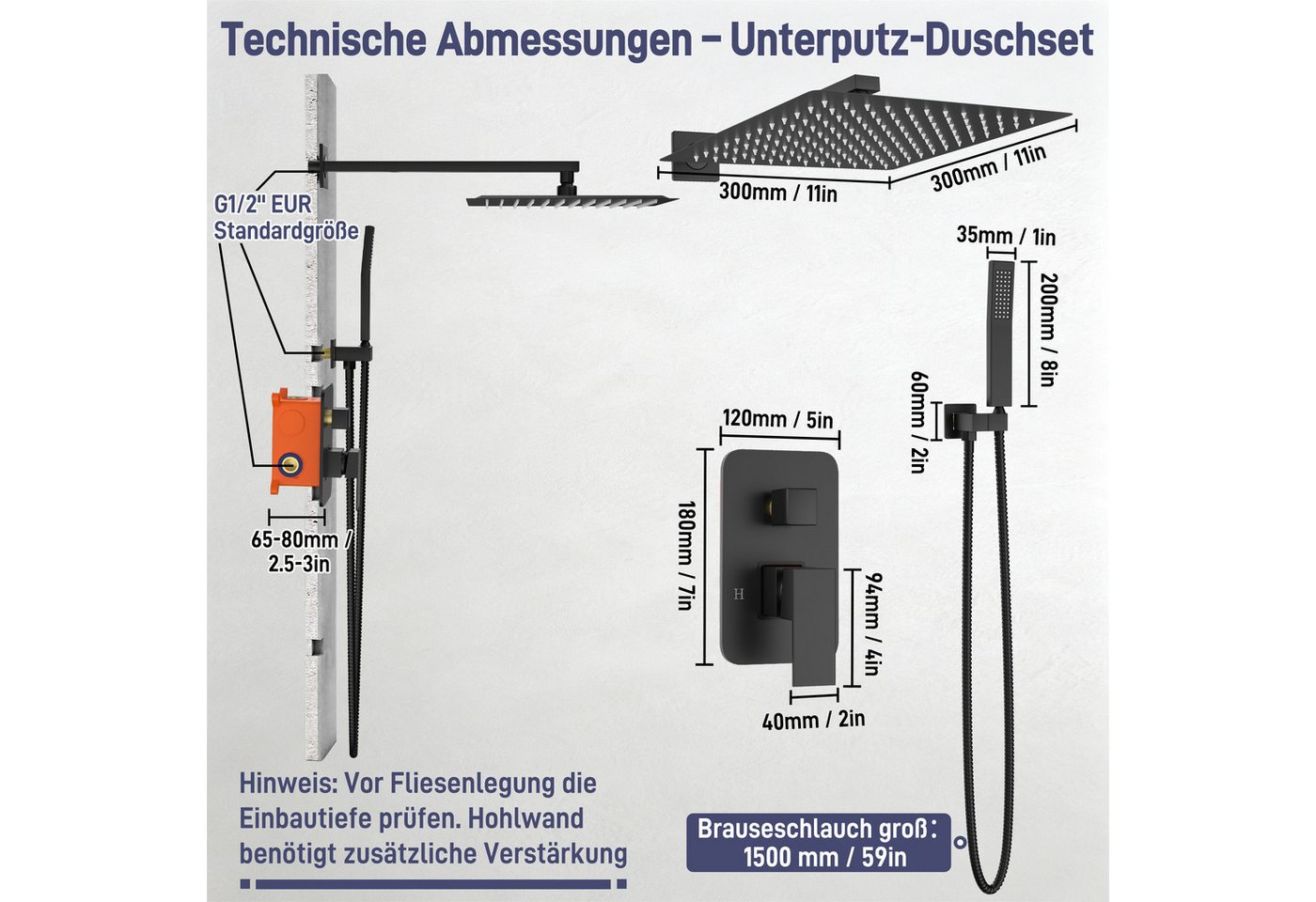 FIVMEN Duschsystem Unterputz Duscharmatur Set 30×30 cm Edelstahl Regen-Überkopfbrause, Edelstahl Handbrause, Einhandbedienung, inkl. Duschschlauch – Bild 2 von 5