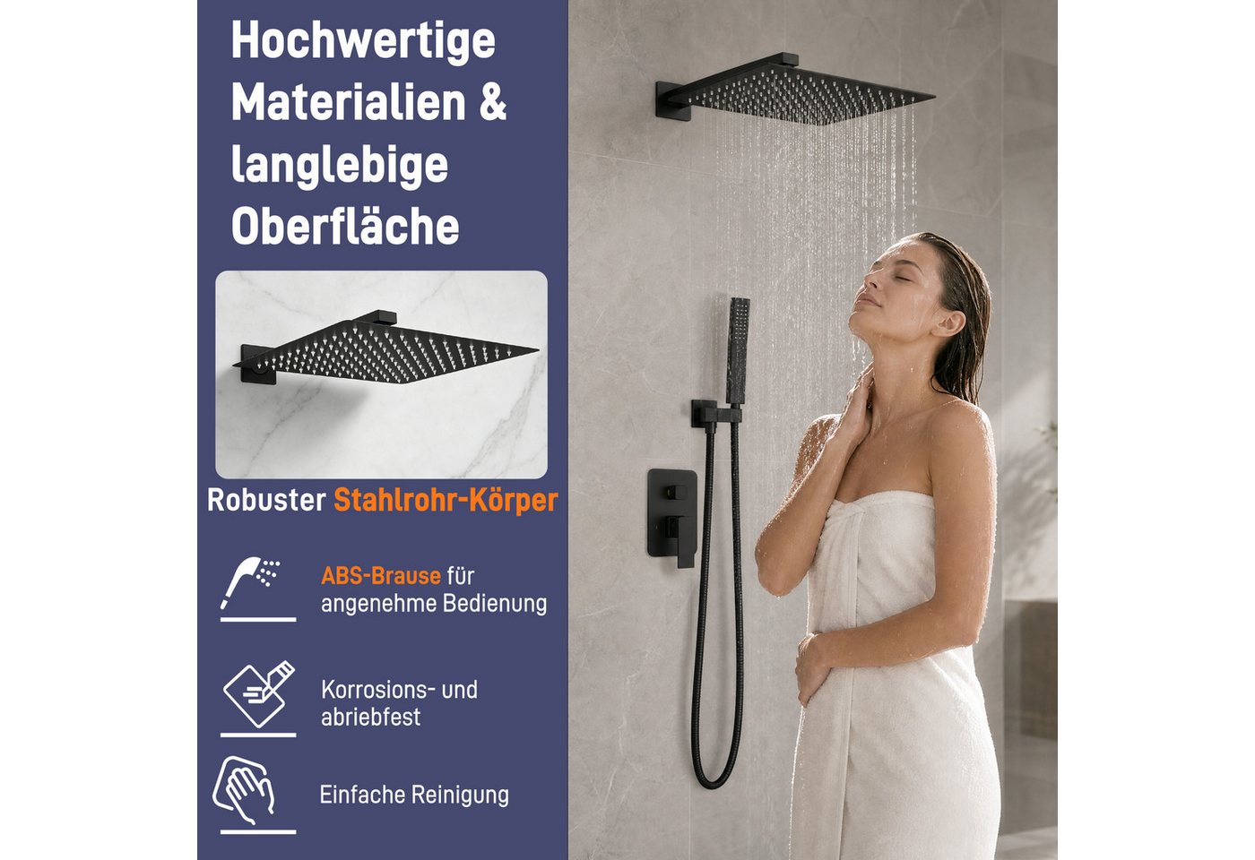 FIVMEN Duschsystem Unterputz Duscharmatur Set 30×30 cm Edelstahl Regen-Überkopfbrause, Edelstahl Handbrause, Einhandbedienung, inkl. Duschschlauch – Bild 3 von 5