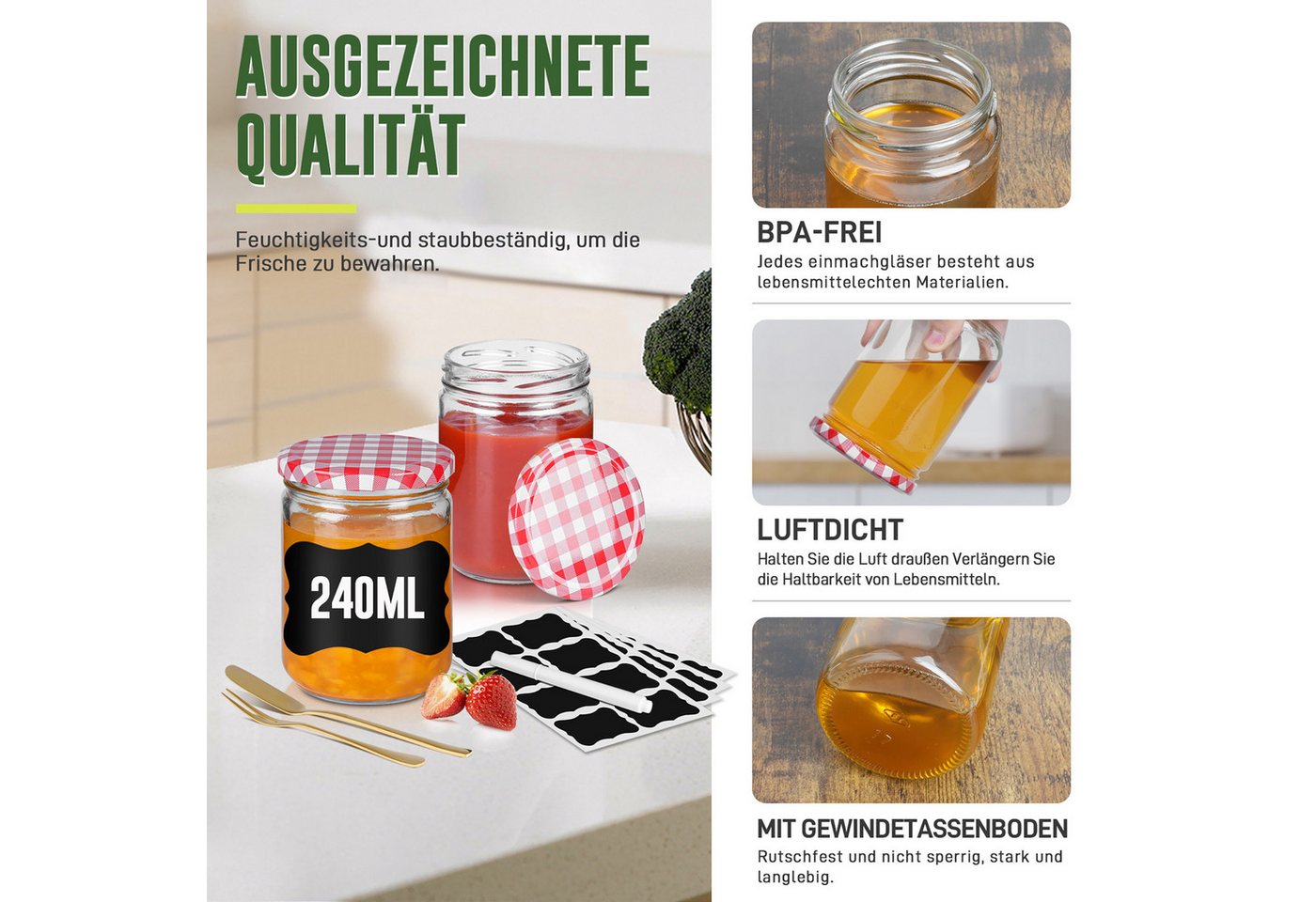 FIVMEN Einmachglas Marmeladengläser mit Deckel Einmachgläser Marmelade Marmeladenglas, (12/24er Set), für selbstgemachte Marmelade, Konfitüre und Bastelarbeiten – Bild 5 von 5