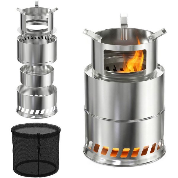 FIVMEN Feuerschale Campingkocher Feuerschale Outdoor Holzvergaser Kocher Edelstahl, Tischkamin mit Aufbewahrungstasche Camping Holzofen, Silber