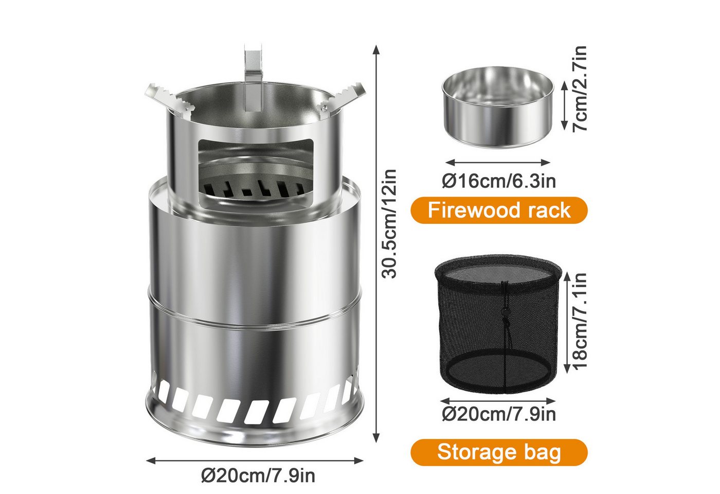 FIVMEN Feuerschale Campingkocher Feuerschale Outdoor Holzvergaser Kocher Edelstahl, Tischkamin mit Aufbewahrungstasche Camping Holzofen, Silber – Bild 2 von 5