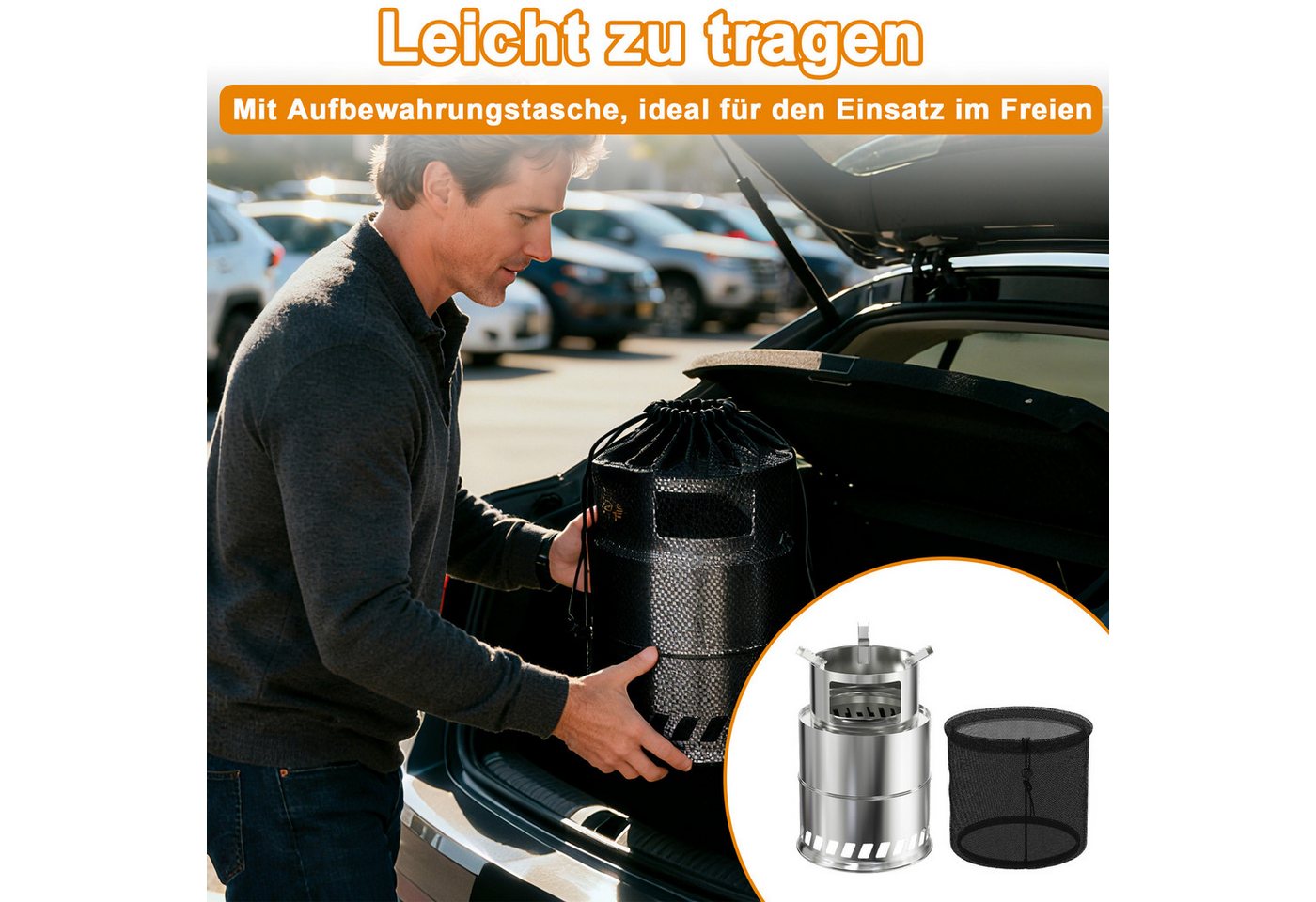 FIVMEN Feuerschale Campingkocher Feuerschale Outdoor Holzvergaser Kocher Edelstahl, Tischkamin mit Aufbewahrungstasche Camping Holzofen, Silber – Bild 4 von 5