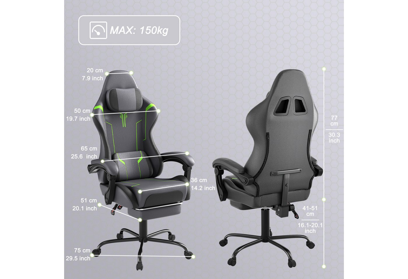 FIVMEN Gaming-Stuhl Racing Ergonomischer Computer-Bürostuhl mit Massage-Lendenkissen, Ausziehbarer Fußstütze Lordosenstütze Kopfstütze, höhenverstellbarer – Bild 2 von 5