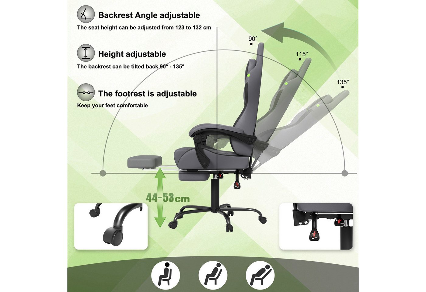 FIVMEN Gaming-Stuhl Racing Ergonomischer Computer-Bürostuhl mit Massage-Lendenkissen, Ausziehbarer Fußstütze Lordosenstütze Kopfstütze, höhenverstellbarer – Bild 4 von 5
