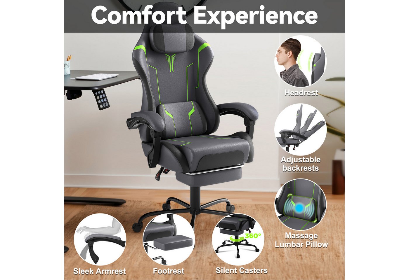 FIVMEN Gaming-Stuhl Racing Ergonomischer Computer-Bürostuhl mit Massage-Lendenkissen, Ausziehbarer Fußstütze Lordosenstütze Kopfstütze, höhenverstellbarer – Bild 5 von 5