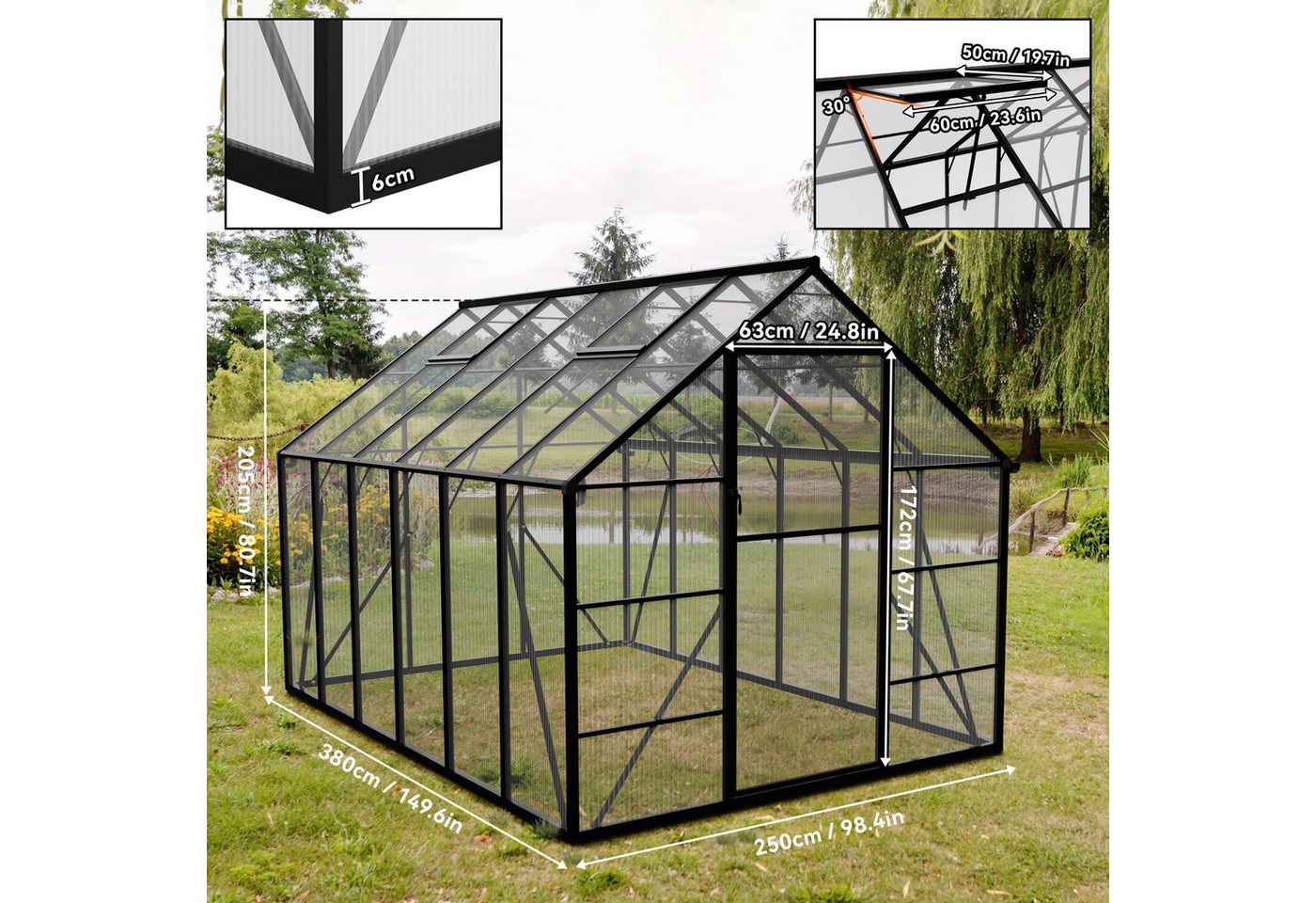 FIVMEN Gewächshaus Premium Gartengewächshäuser Aluminium mit 6 cm Fundament, 4 mm PC Platte Treibhaus Tomatenhaus Gartenhaus UV beständig – Bild 2 von 5