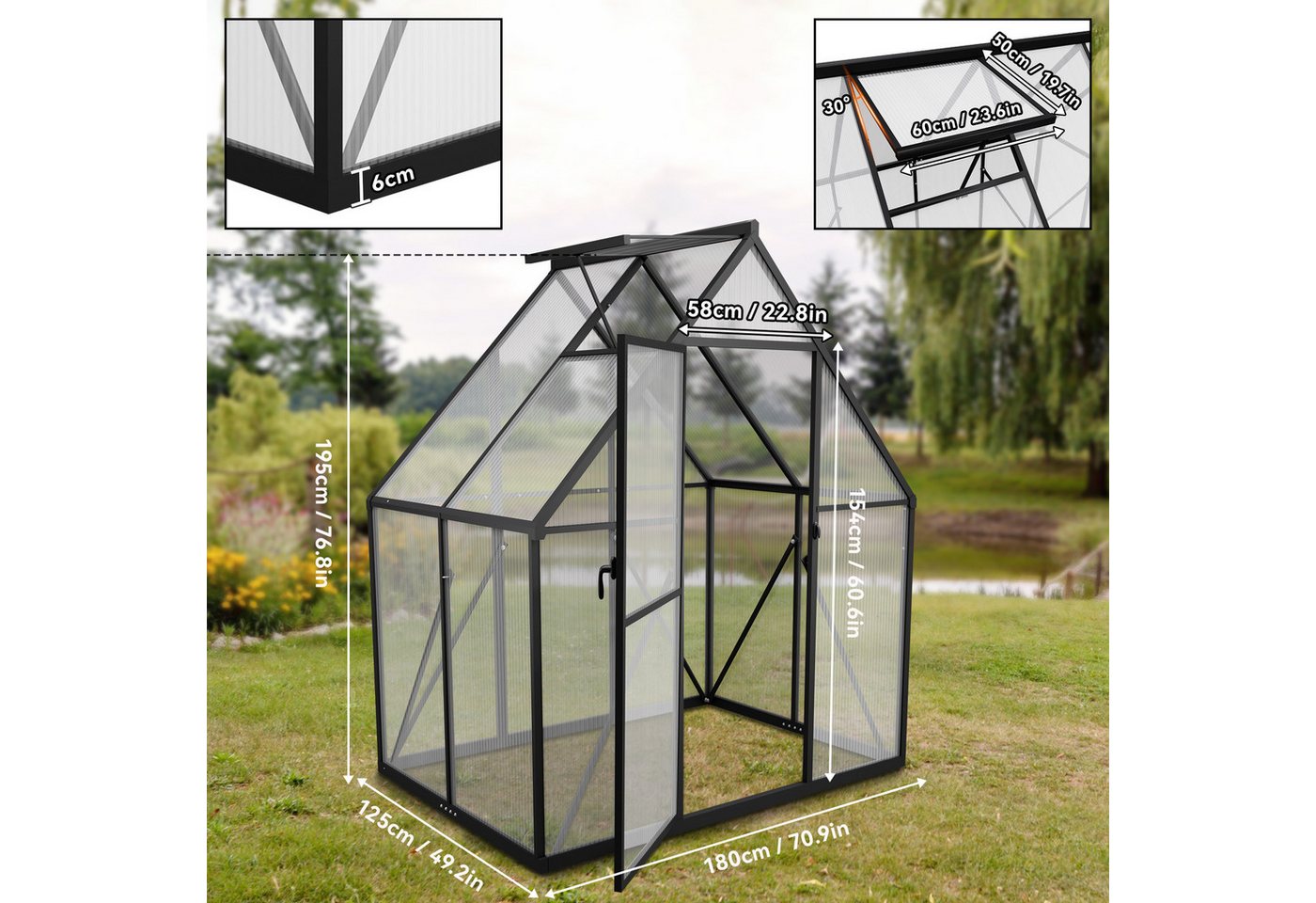 FIVMEN Gewächshaus Premium Gartengewächshäuser Aluminium mit 6 cm Fundament, 4 mm PC Platte Treibhaus Tomatenhaus Gartenhaus UV beständig – Bild 2 von 5
