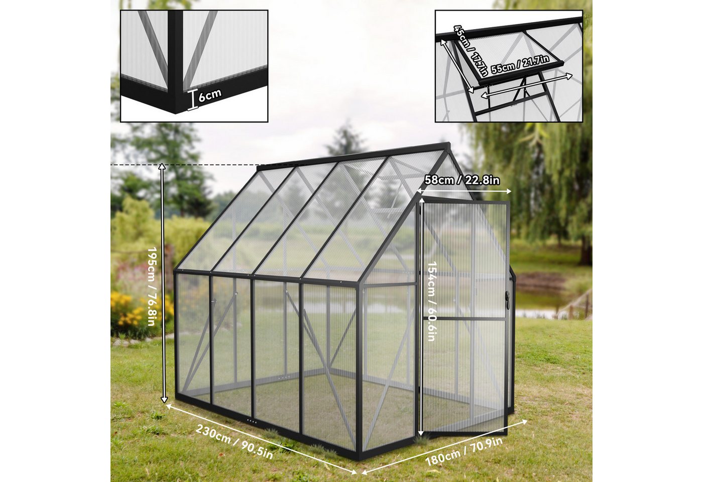 FIVMEN Gewächshaus Premium Gartengewächshäuser Aluminium mit 6 cm Fundament, 4 mm PC Platte Treibhaus Tomatenhaus Gartenhaus UV beständig – Bild 2 von 5