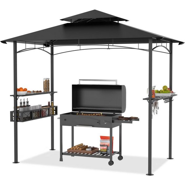 FIVMEN Grillpavillon Grillzelt mit Doppeldach & Ablagen, Schwarz, 2,45 x 1,53 m