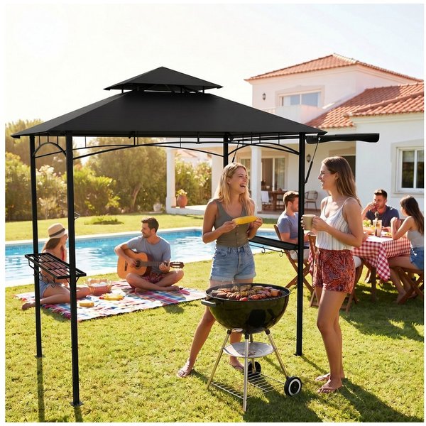 FIVMEN Grillpavillon mit seitlicher, Doppeldach Seitenablage Garten BBQ Pavillon, Grillunterstand für Terrasse stabiler Stahlgestell 245x141x253cm