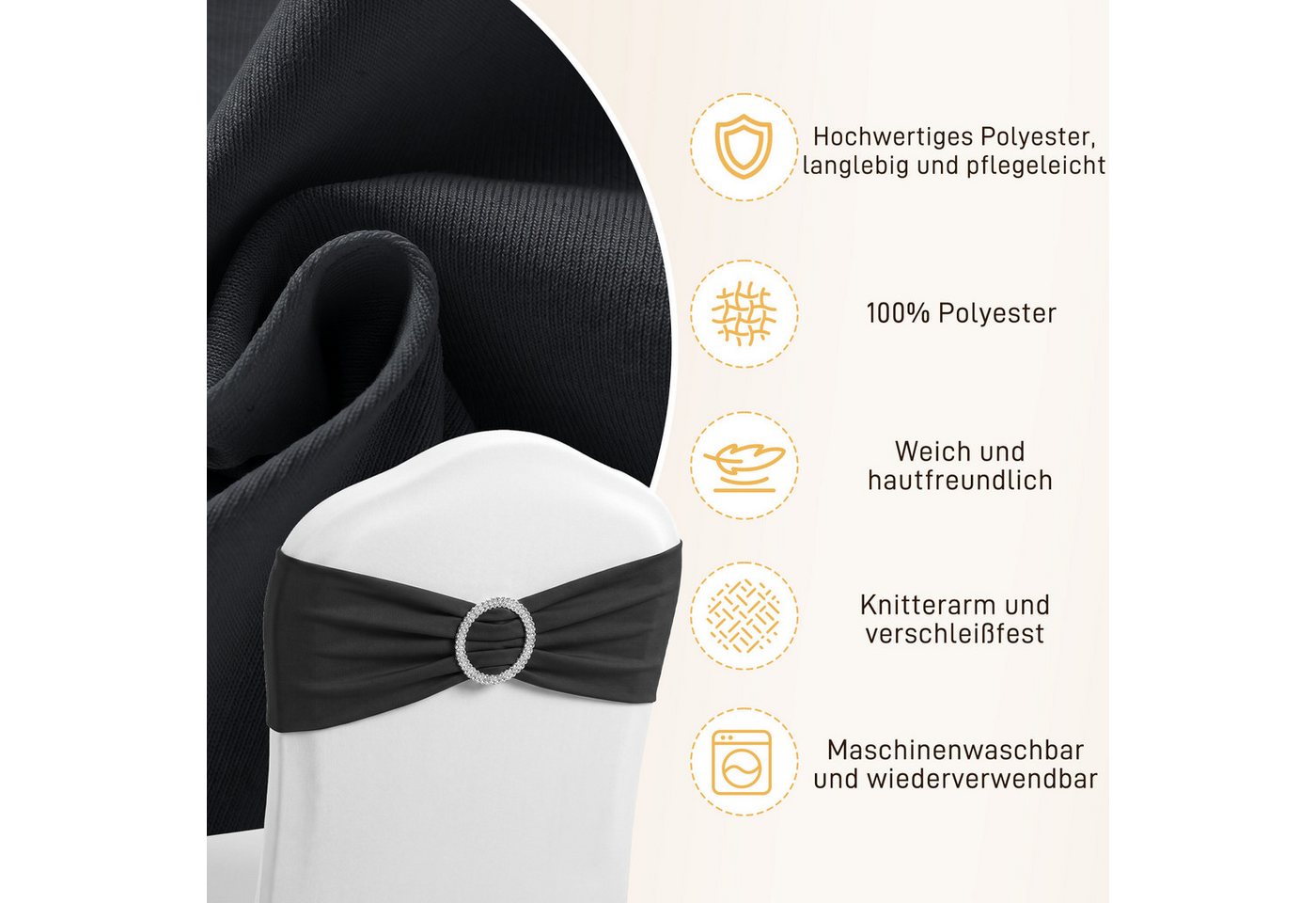 FIVMEN Hussen-Set Stuhlschleifen Elastische Stuhlbänder Schleife & Schiebeschnalle, bis max.50cm Dehnlänge für Feier Hotel Party Dekoration 10er/30er – Bild 5 von 5