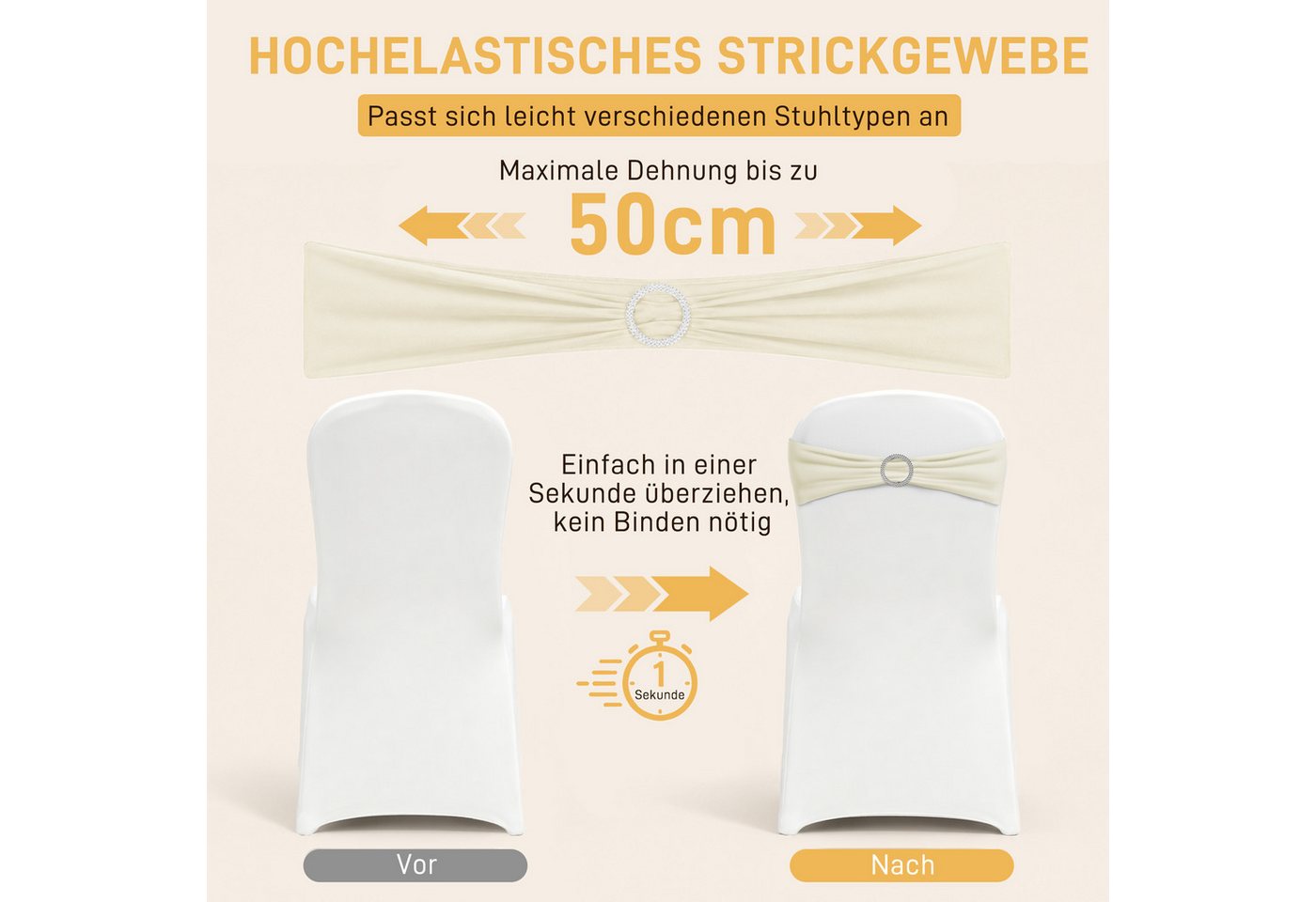 FIVMEN Hussen-Set Stuhlschleifen Elastische Stuhlbänder Schleife & Schiebeschnalle, bis max.50cm Dehnlänge für Feier Hotel Party Dekoration 10er/30er – Bild 3 von 5